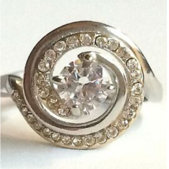 Silver Gold Art Deco Cocktail Ring Size 8 9 10 Statement Swirl Cubic Zirconia - Picture 2 of 8